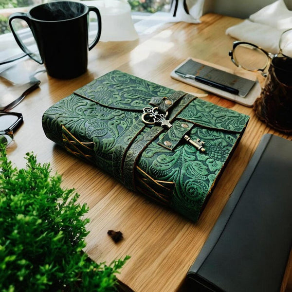 Green Floral Artificial leather Diary