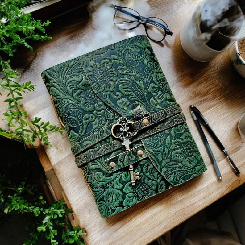 Green Floral Artificial leather Diary