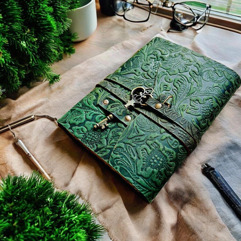 Green Floral Artificial leather Diary